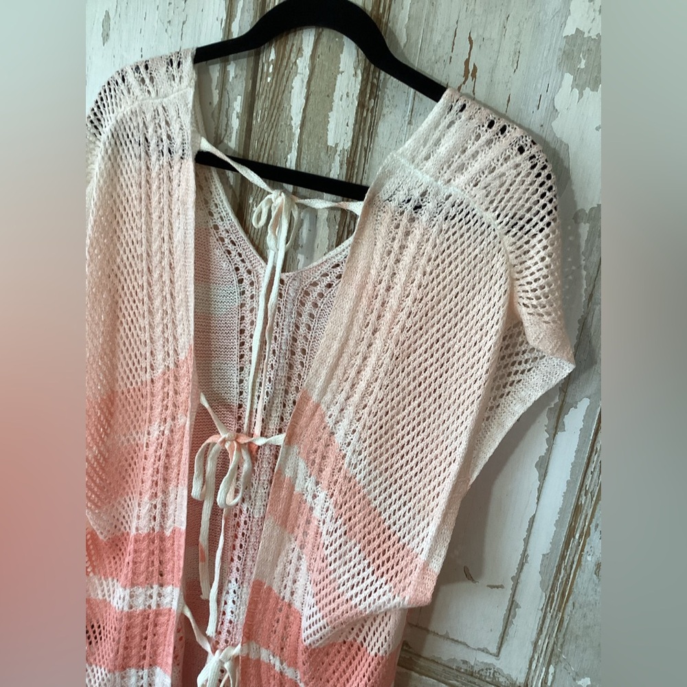 POL Open-Knit Tie-Front Swim Cover-Up in Coral and Cream - Picture 2 of 9